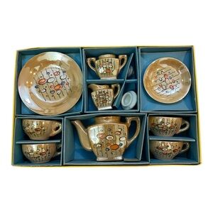 Vintage 50s Sonsco Kids China Tea Set Lusterware Abstract 17 Piece Japan In Box